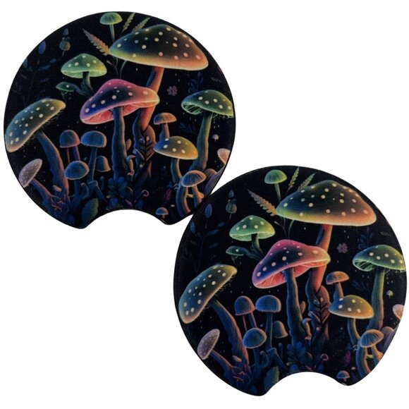 Car Coasters Colorful Neon Mushrooms Magic Set of 2 Neoprene Absorbent Sublimate - Picture 2 of 6